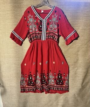 Shineflow Red Boho Embroided Dress Floral Lg